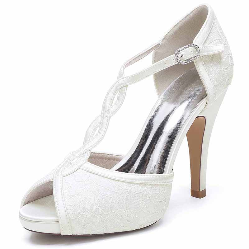3.94" Satin Bridal Shoes For Wedding Lace Sandals Peep Toe Stiletto