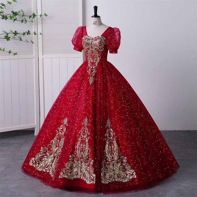 Burgundy Sequin Lace Quinceanera Dress Evening Prom Gown