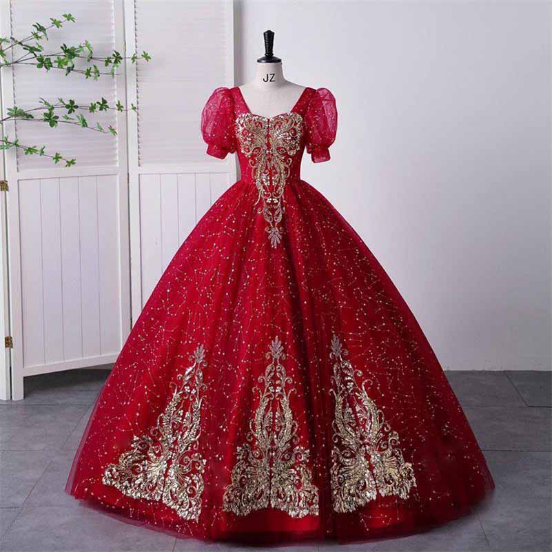 Burgundy Sequin Lace Quinceanera Dress Evening Prom Gown