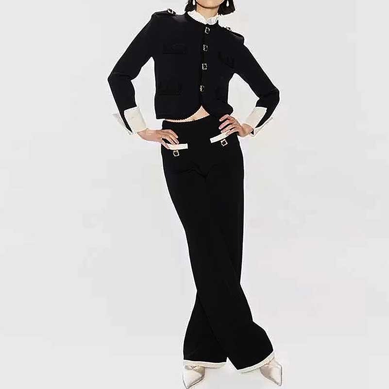 Wide-Leg Pantsuit Black Round-Neck Suit