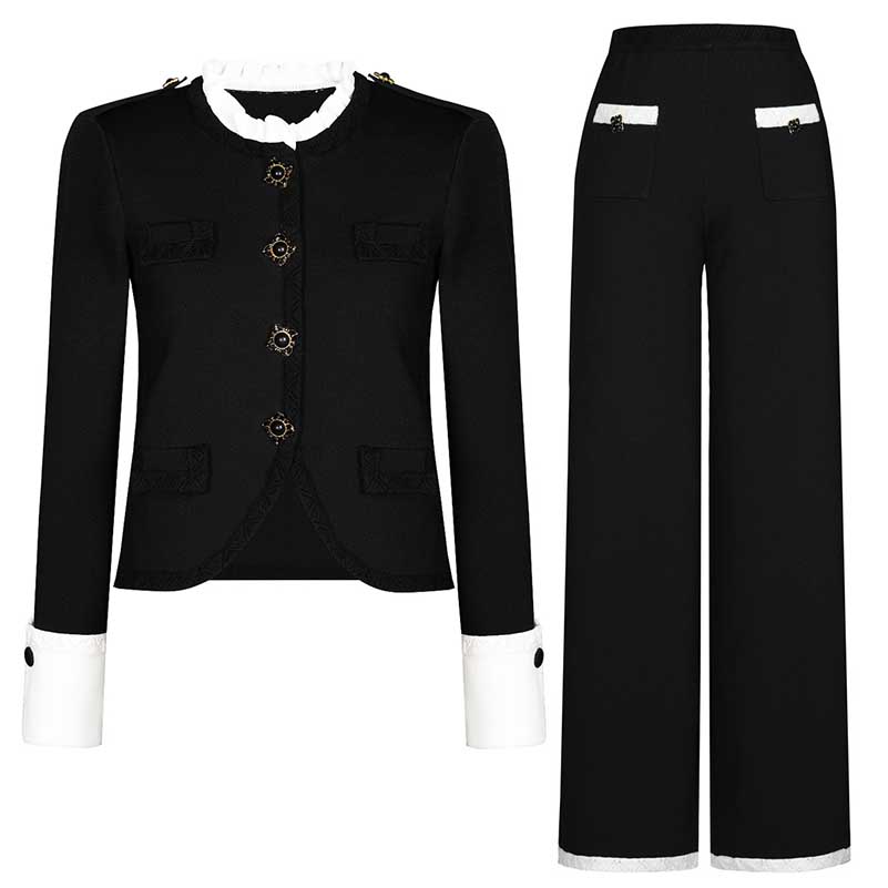 Wide-Leg Pantsuit Black Round-Neck Suit