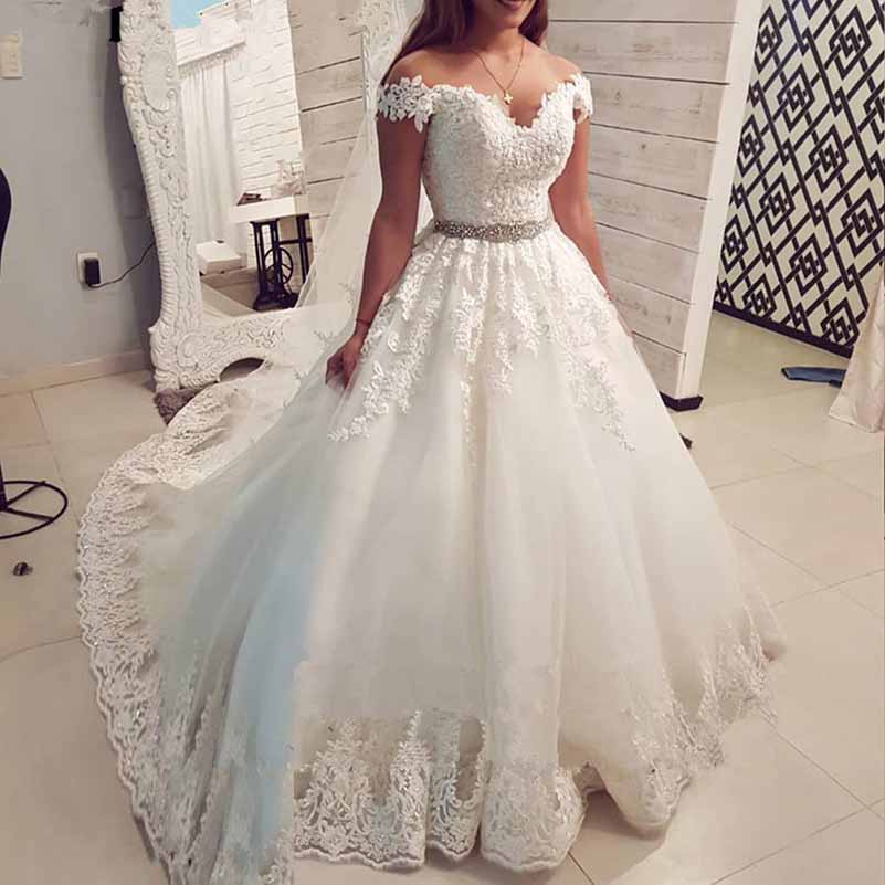 Wedding Dresses Off Shoulder Lace Applique A-line Gowns With Crystal Belt