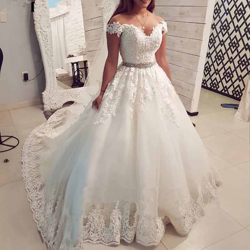 Wedding Dresses Off Shoulder Lace Applique A-line Gowns With Crystal Belt