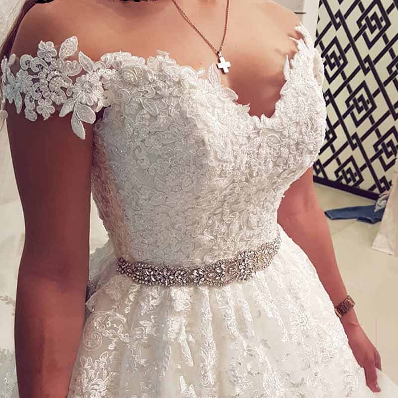 Wedding Dresses Off Shoulder Lace Applique A-line Gowns With Crystal Belt