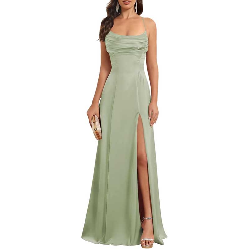 Long Satin Prom Dress with Spaghetti Straps Sleek, Sexy Ball Gown