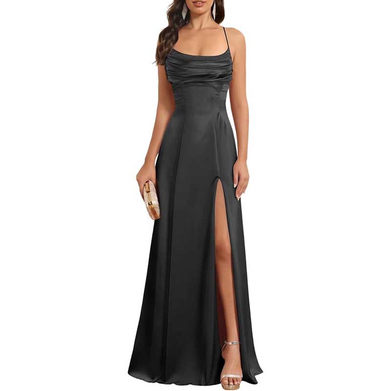 Long Satin Prom Dress with Spaghetti Straps Sleek, Sexy Ball Gown