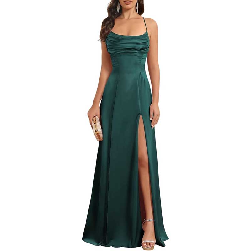 Long Satin Prom Dress with Spaghetti Straps Sleek, Sexy Ball Gown
