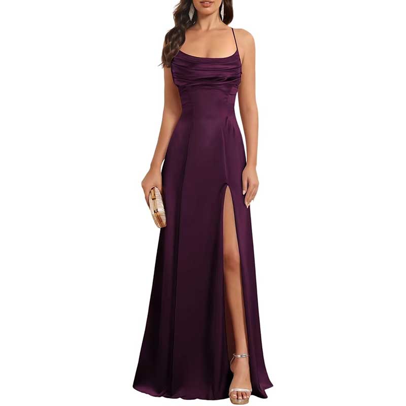 Long Satin Prom Dress with Spaghetti Straps Sleek, Sexy Ball Gown