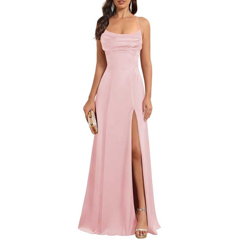 Long Satin Prom Dress with Spaghetti Straps Sleek, Sexy Ball Gown