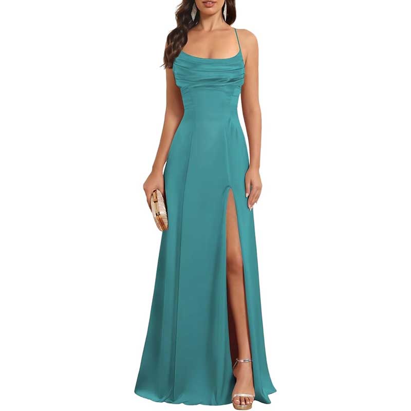 Long Satin Prom Dress with Spaghetti Straps Sleek, Sexy Ball Gown