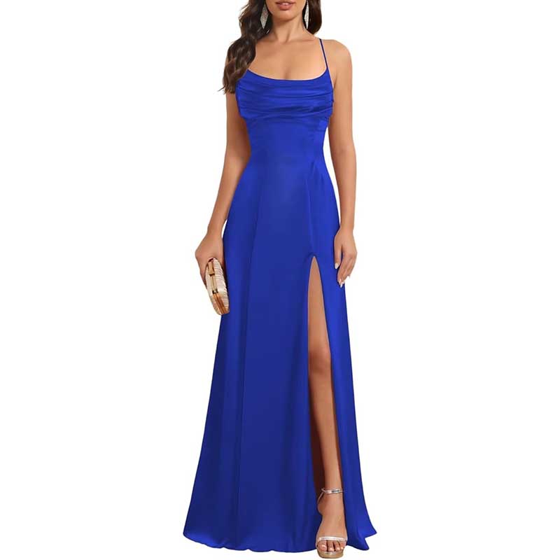 Long Satin Prom Dress with Spaghetti Straps Sleek, Sexy Ball Gown