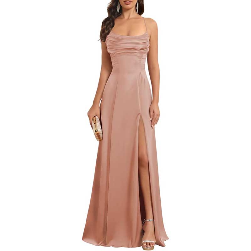 Long Satin Prom Dress with Spaghetti Straps Sleek, Sexy Ball Gown