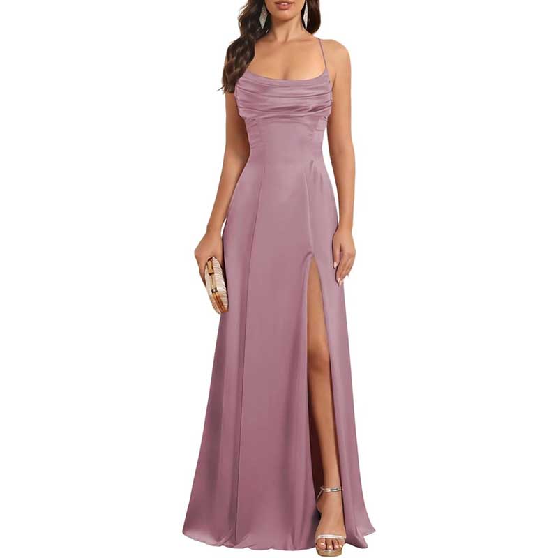 Long Satin Prom Dress with Spaghetti Straps Sleek, Sexy Ball Gown