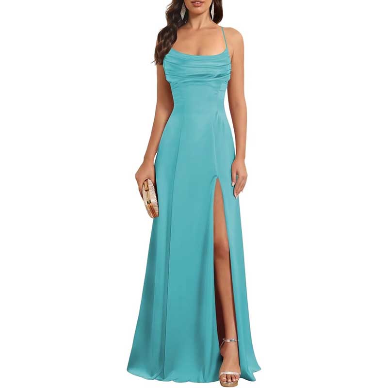 Long Satin Prom Dress with Spaghetti Straps Sleek, Sexy Ball Gown