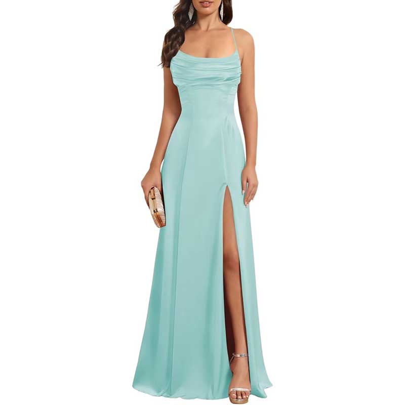 Long Satin Prom Dress with Spaghetti Straps Sleek, Sexy Ball Gown