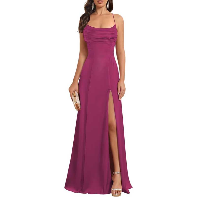 Long Satin Prom Dress with Spaghetti Straps Sleek, Sexy Ball Gown