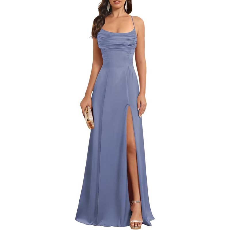 Long Satin Prom Dress with Spaghetti Straps Sleek, Sexy Ball Gown