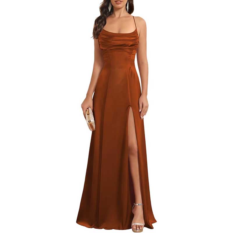 Long Satin Prom Dress with Spaghetti Straps Sleek, Sexy Ball Gown