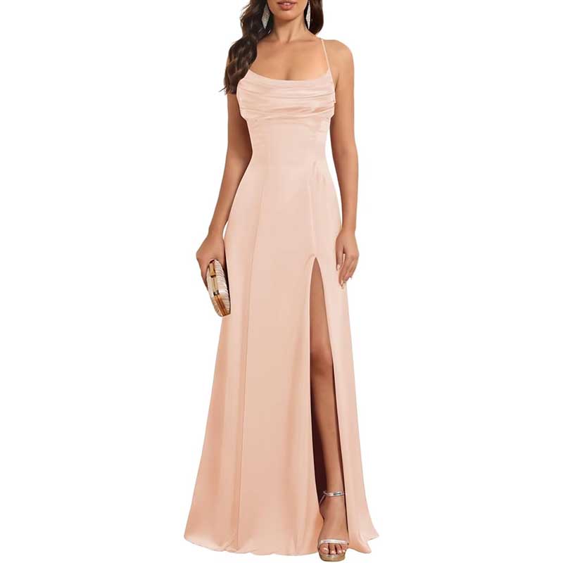 Long Satin Prom Dress with Spaghetti Straps Sleek, Sexy Ball Gown