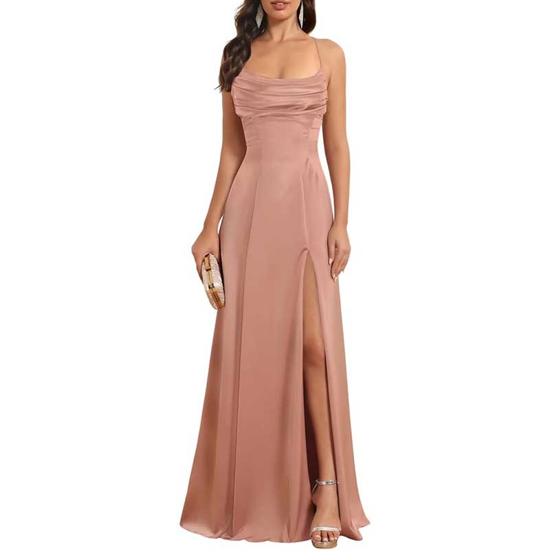 Long Satin Prom Dress with Spaghetti Straps Sleek, Sexy Ball Gown