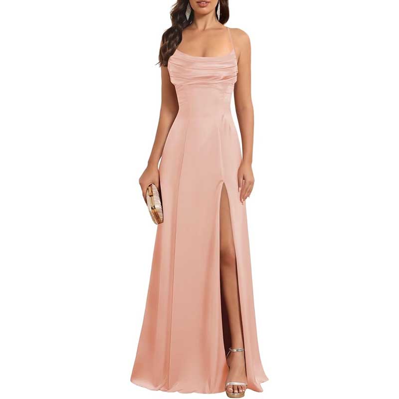 Long Satin Prom Dress with Spaghetti Straps Sleek, Sexy Ball Gown