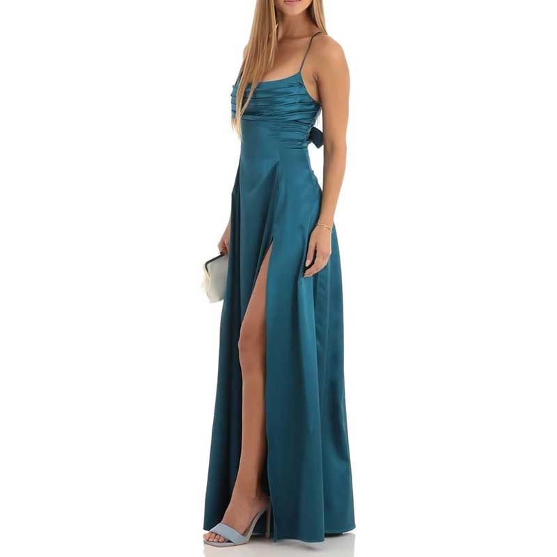 Long Satin Prom Dress with Spaghetti Straps Sleek, Sexy Ball Gown