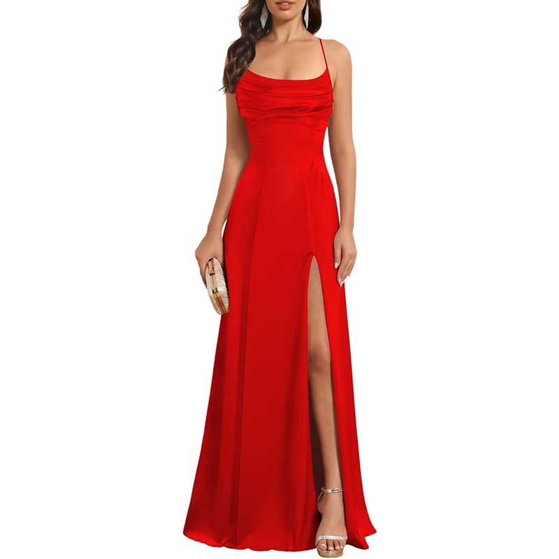 Long Satin Prom Dress with Spaghetti Straps Sleek, Sexy Ball Gown