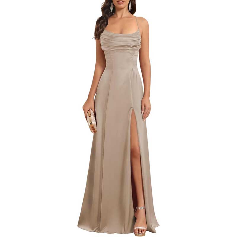 Long Satin Prom Dress with Spaghetti Straps Sleek, Sexy Ball Gown