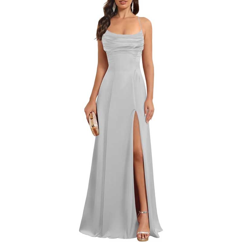 Long Satin Prom Dress with Spaghetti Straps Sleek, Sexy Ball Gown