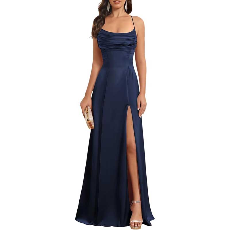 Long Satin Prom Dress with Spaghetti Straps Sleek, Sexy Ball Gown