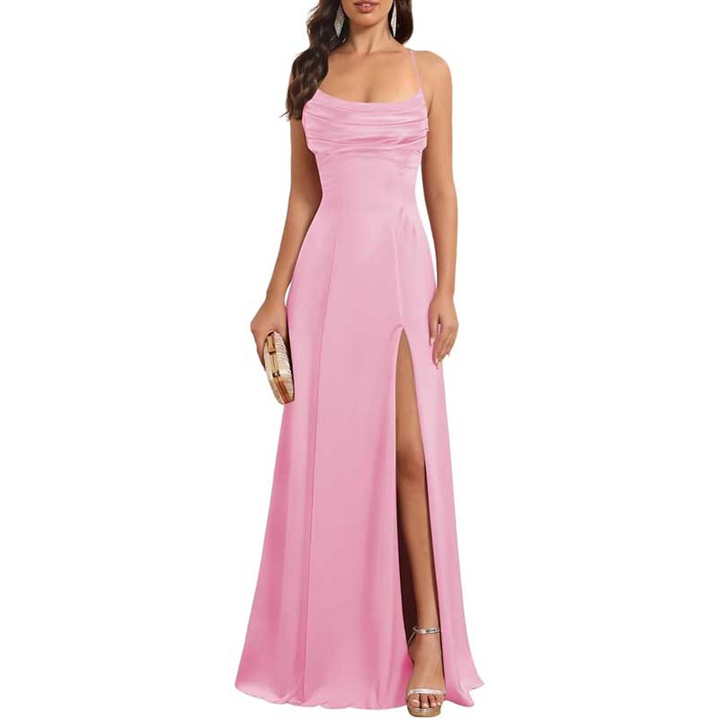 Long Satin Prom Dress with Spaghetti Straps Sleek, Sexy Ball Gown