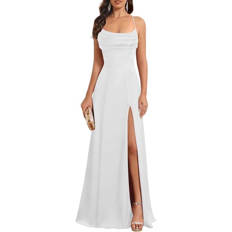 Long Satin Prom Dress with Spaghetti Straps Sleek, Sexy Ball Gown