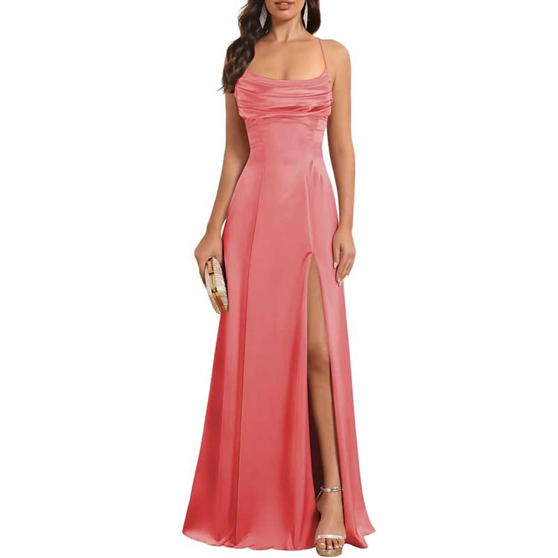 Long Satin Prom Dress with Spaghetti Straps Sleek, Sexy Ball Gown