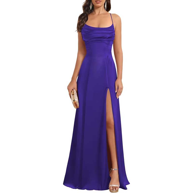 Long Satin Prom Dress with Spaghetti Straps Sleek, Sexy Ball Gown