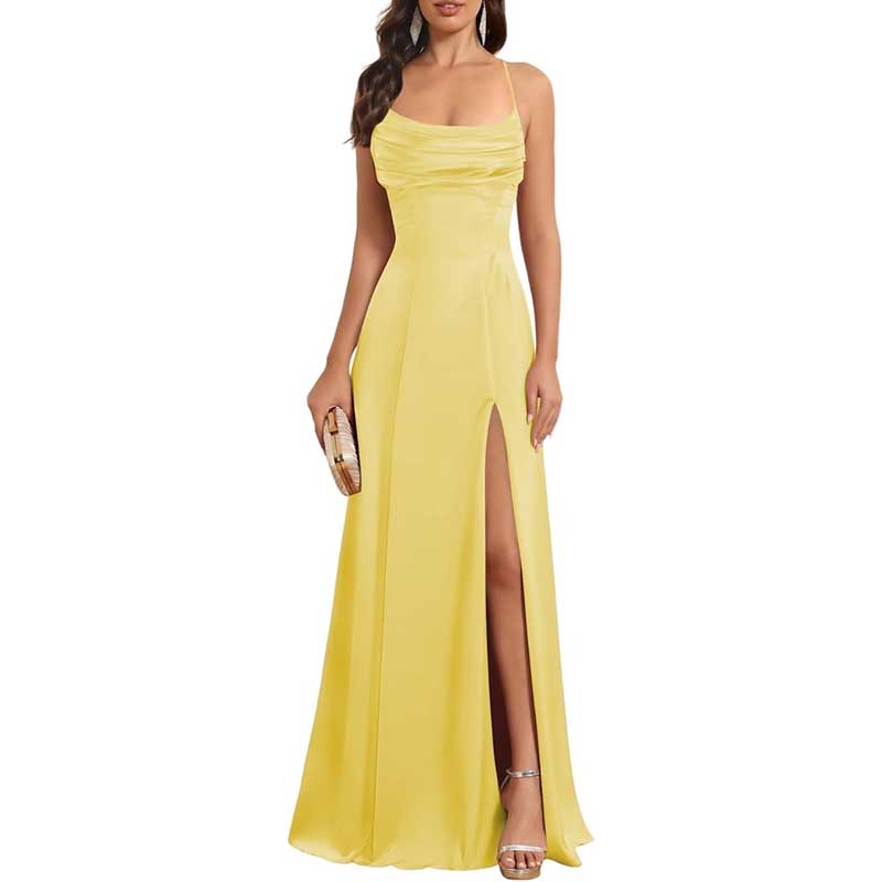 Long Satin Prom Dress with Spaghetti Straps Sleek, Sexy Ball Gown
