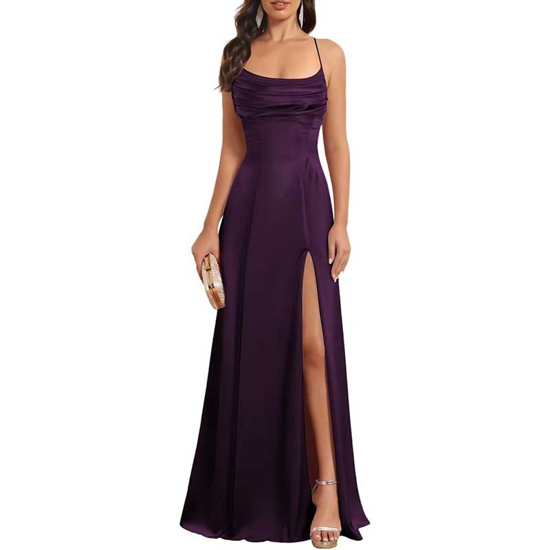 Long Satin Prom Dress with Spaghetti Straps Sleek, Sexy Ball Gown