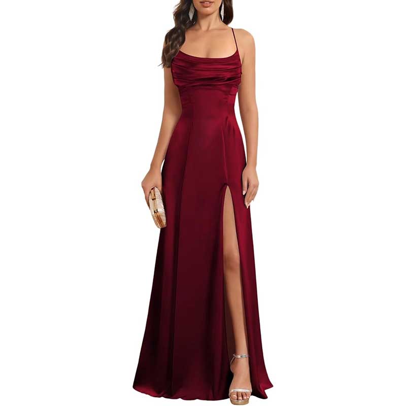 Long Satin Prom Dress with Spaghetti Straps Sleek, Sexy Ball Gown