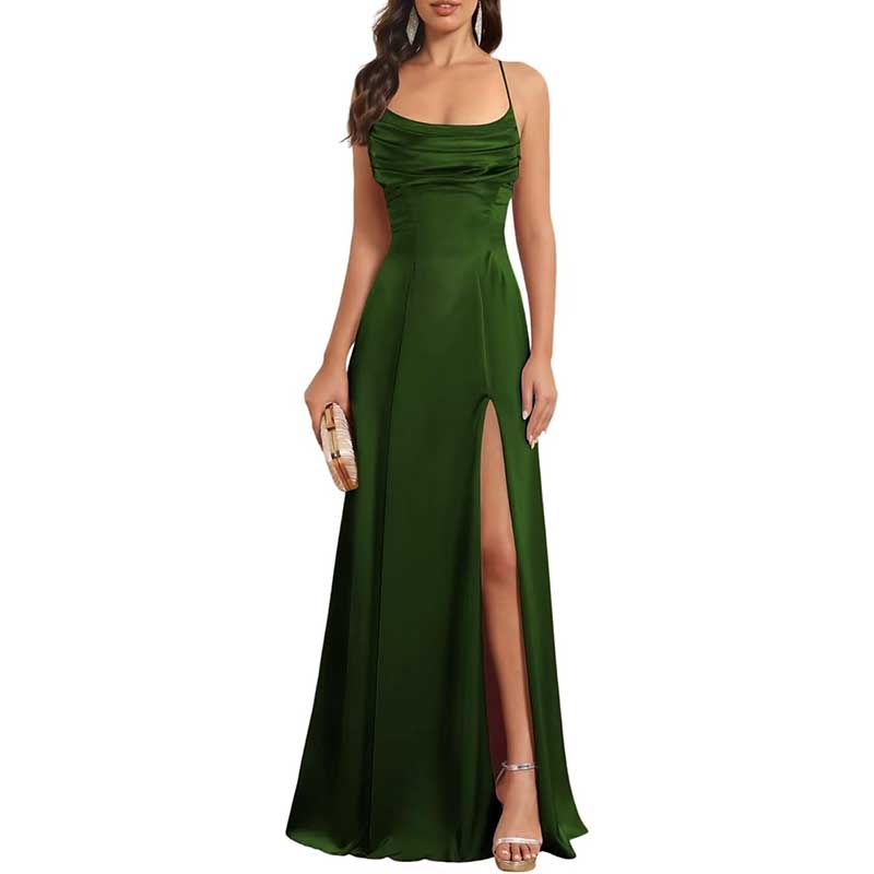 Long Satin Prom Dress with Spaghetti Straps Sleek, Sexy Ball Gown