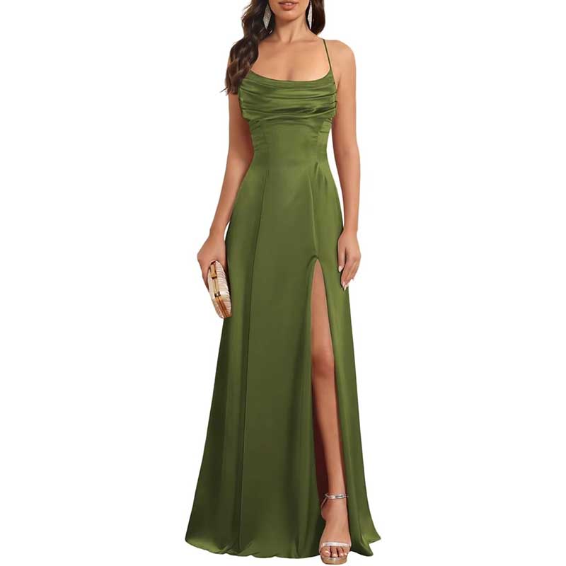 Long Satin Prom Dress with Spaghetti Straps Sleek, Sexy Ball Gown