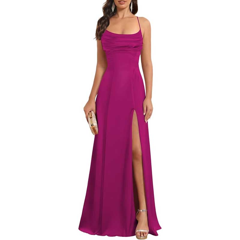 Long Satin Prom Dress with Spaghetti Straps Sleek, Sexy Ball Gown