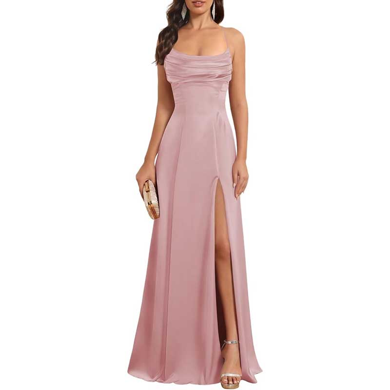 Long Satin Prom Dress with Spaghetti Straps Sleek, Sexy Ball Gown