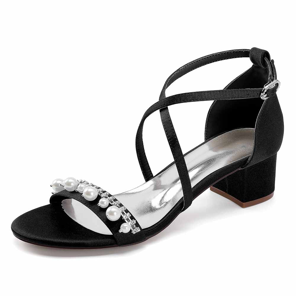 Chunky Heel Dress Shoes Prom Dress Sandals Pearls Crossing Straps Shoes