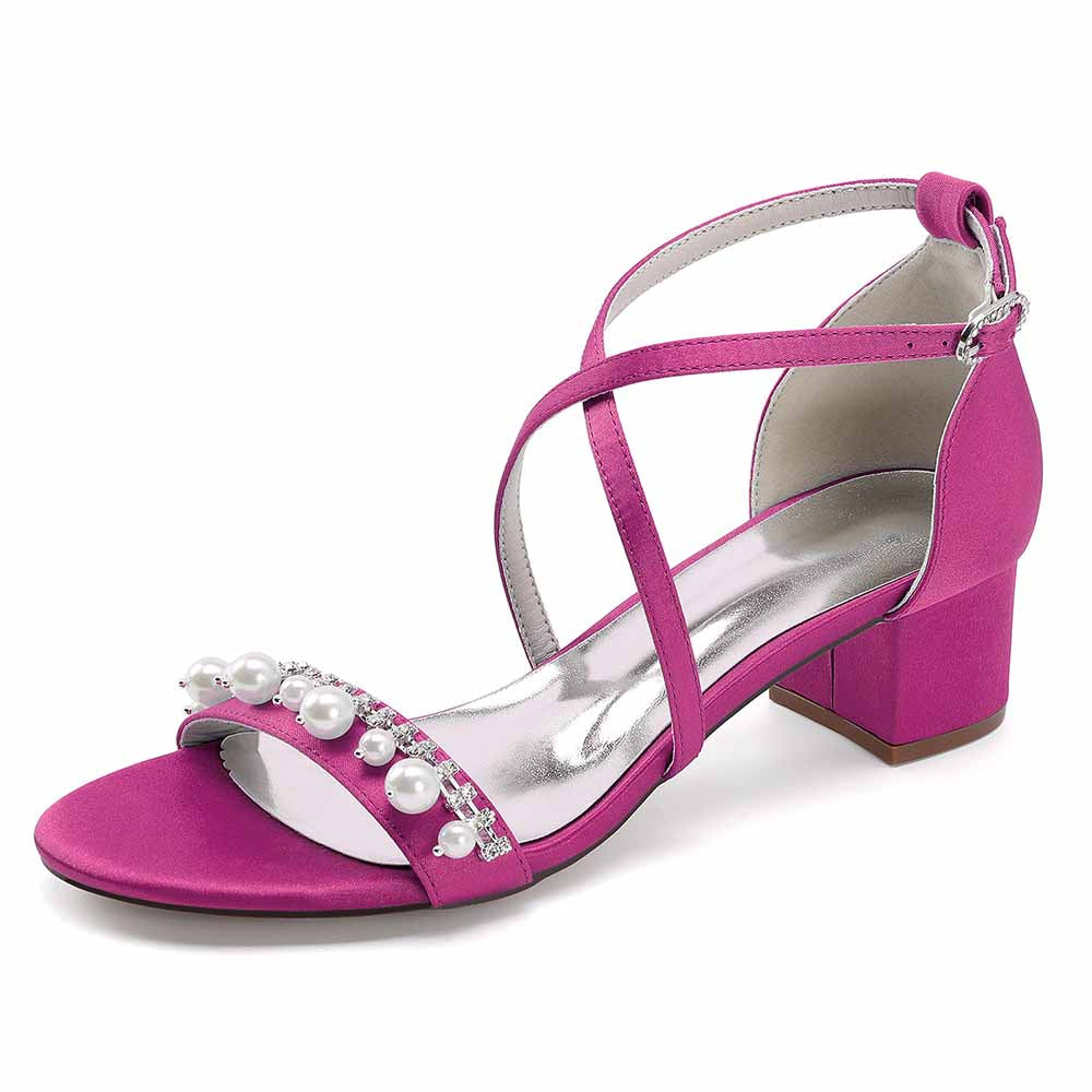 Chunky Heel Dress Shoes Prom Dress Sandals Pearls Crossing Straps Shoes
