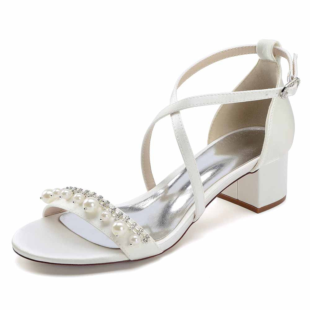 Chunky Heel Dress Shoes Prom Dress Sandals Pearls Crossing Straps Shoes