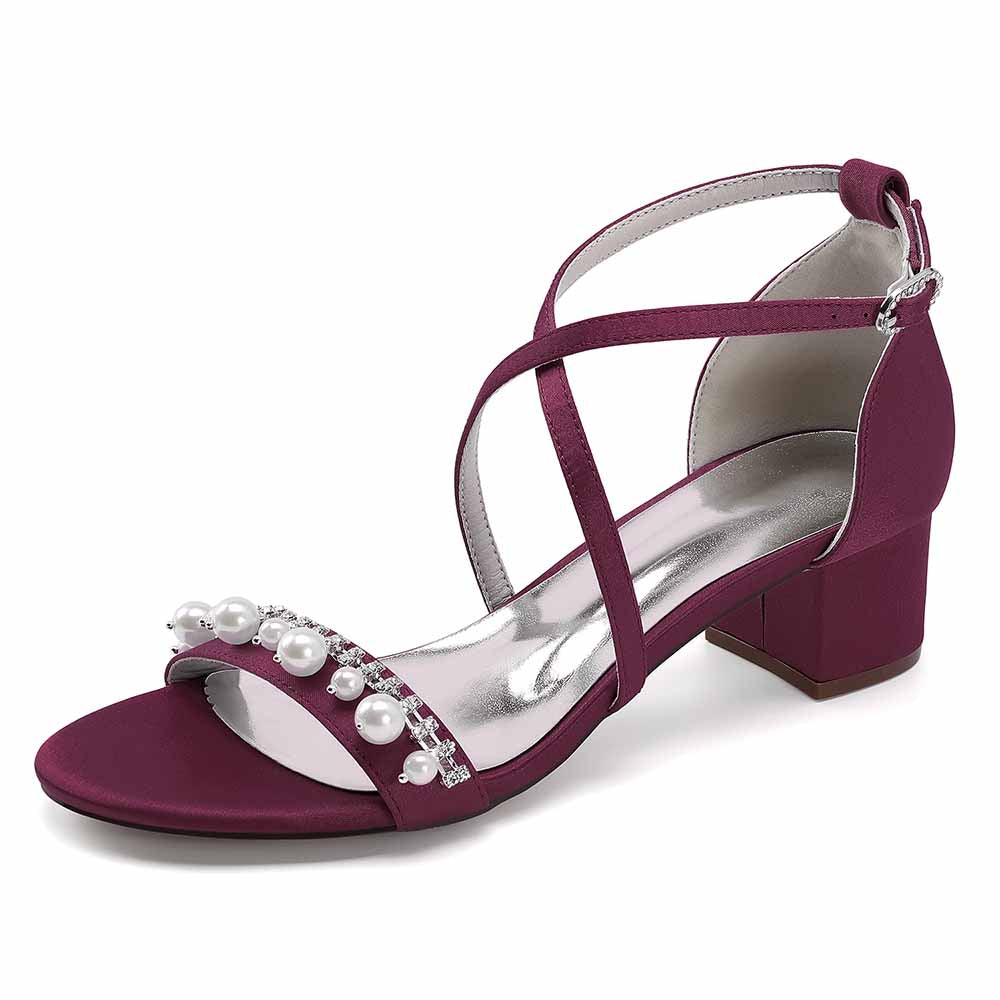 Chunky Heel Dress Shoes Prom Dress Sandals Pearls Crossing Straps Shoes
