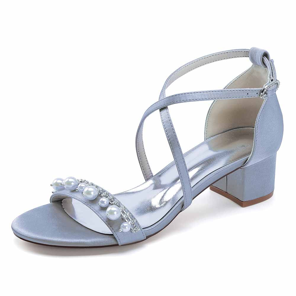 Chunky Heel Dress Shoes Prom Dress Sandals Pearls Crossing Straps Shoes