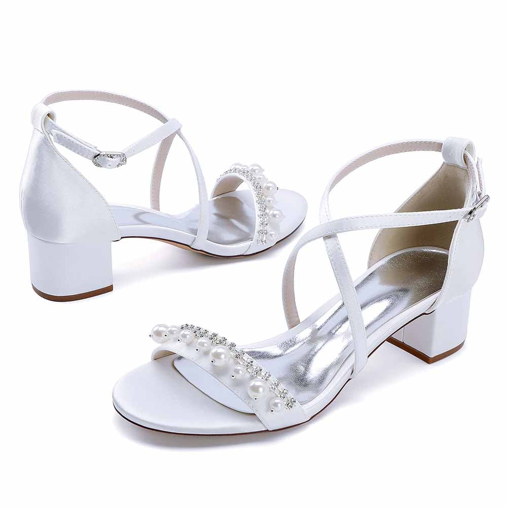 Chunky Heel Dress Shoes Prom Dress Sandals Pearls Crossing Straps Shoes