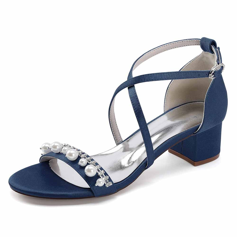 Chunky Heel Dress Shoes Prom Dress Sandals Pearls Crossing Straps Shoes