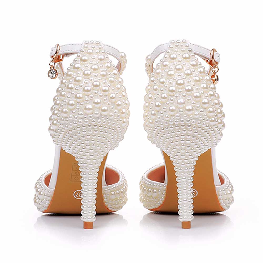 Closed Toe Wedding Shoes Pearls Detail Bridal Heels Prom Shoes