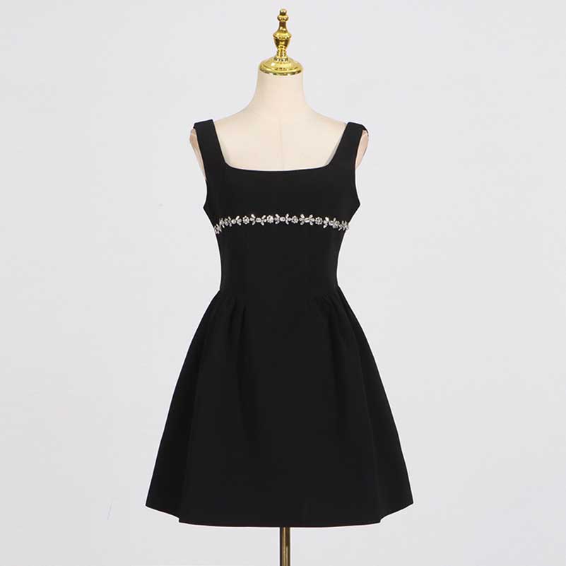 Crystal-Embellished Square-Neck Sleeveless Mini Dress